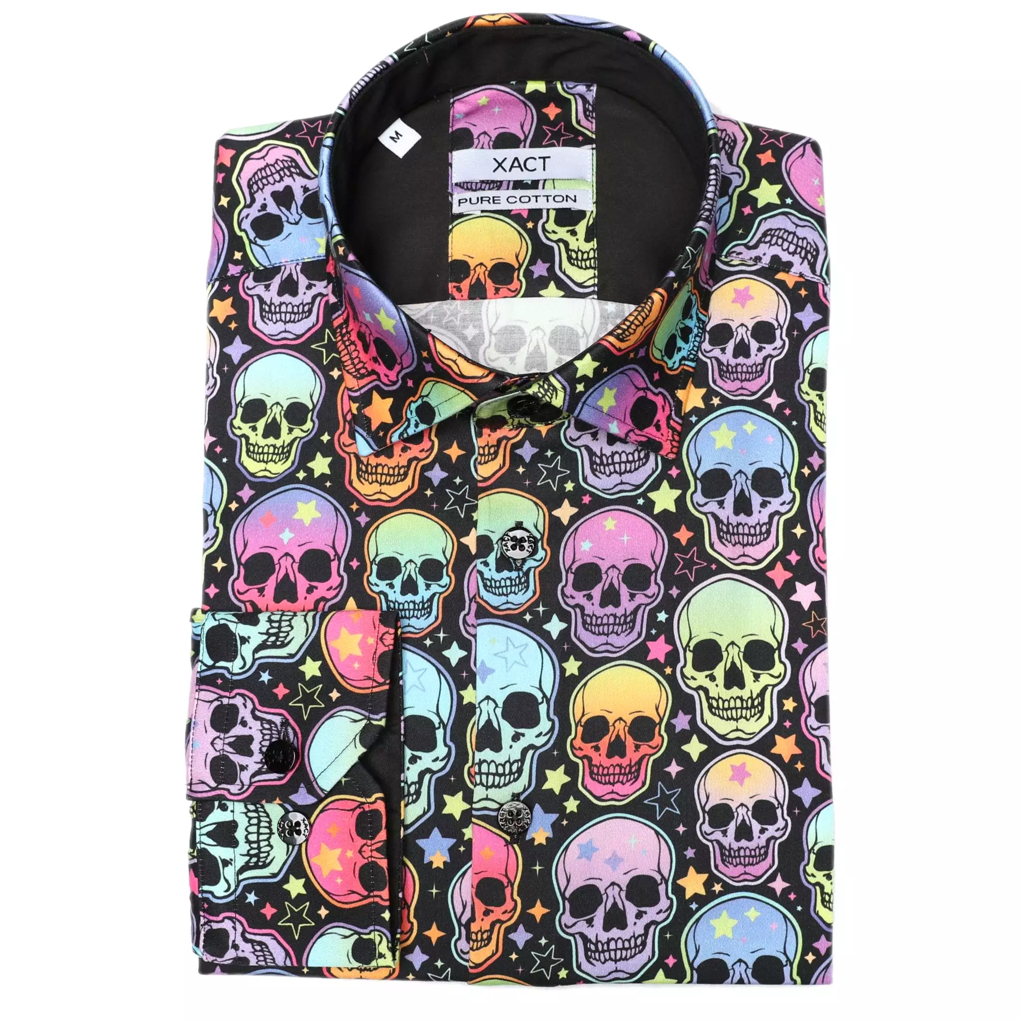 Xact Men's Neon Skulls & Stars Print Long Sleeved Shirt, Regular Fit