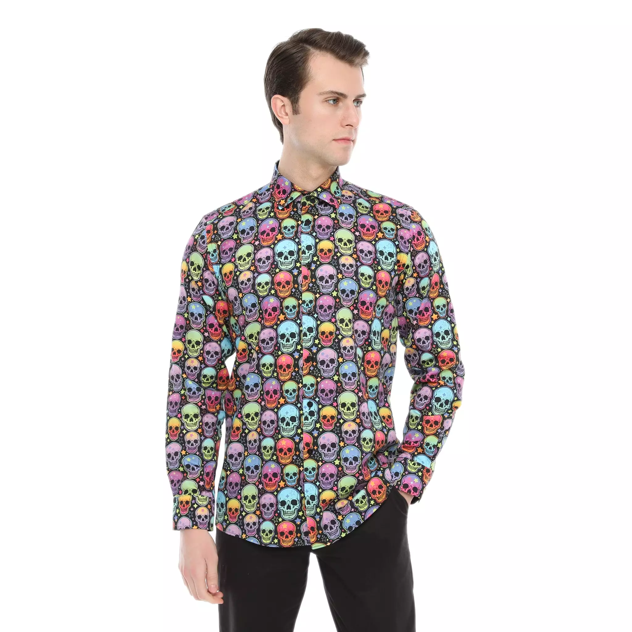 Xact Men's Neon Skulls & Stars Print Long Sleeved Shirt, Regular Fit