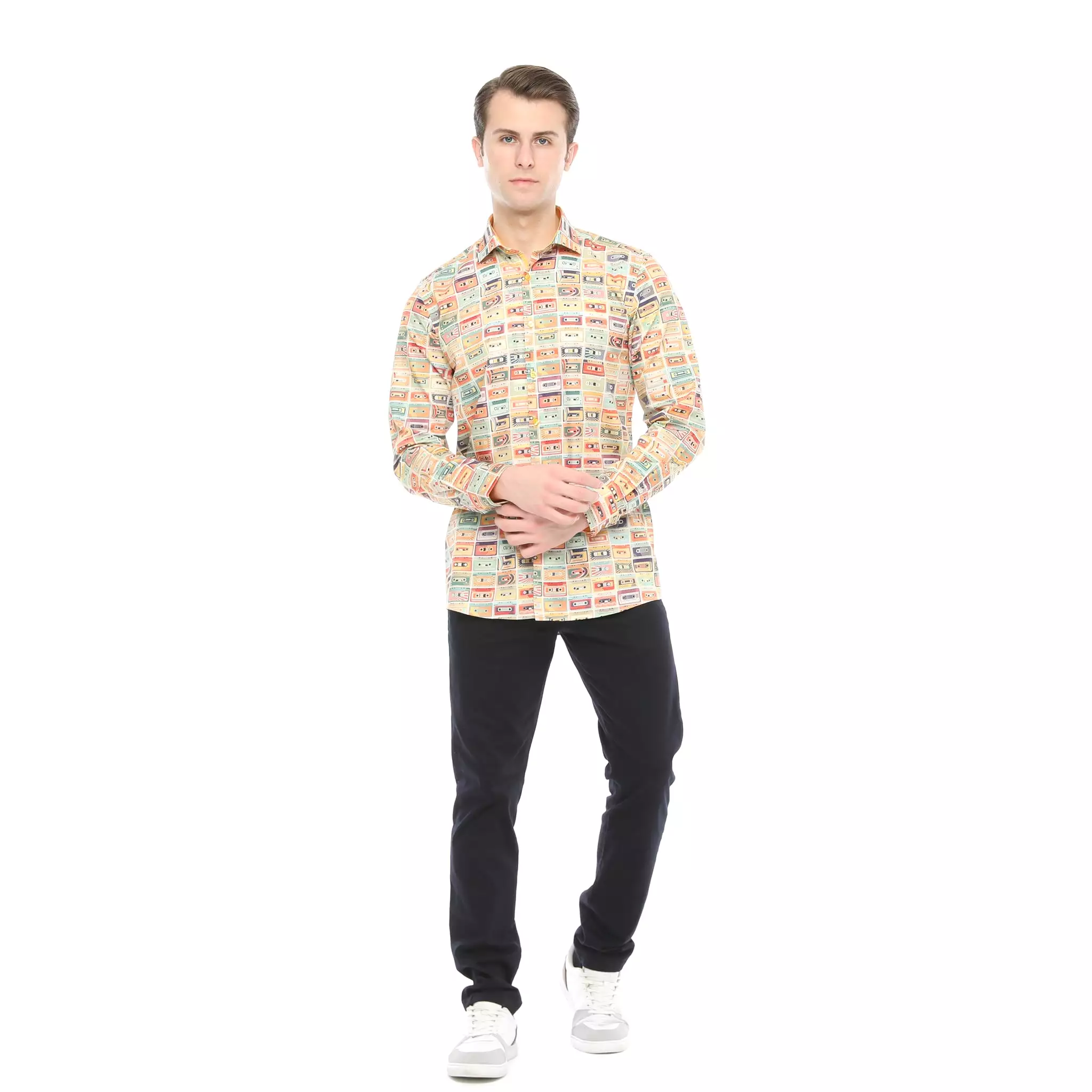 Xact Men's Retro Cassette Tape Print Long Sleeved Shirt, Regular Fit