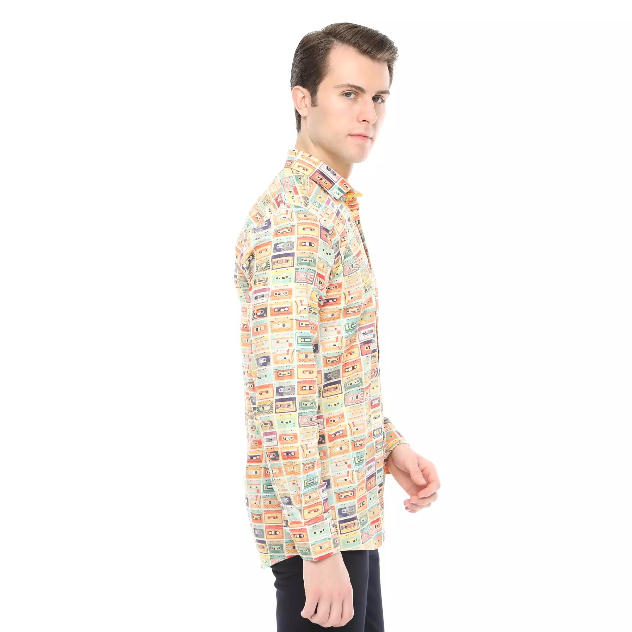 Xact Men's Retro Cassette Tape Print Long Sleeved Shirt, Regular Fit