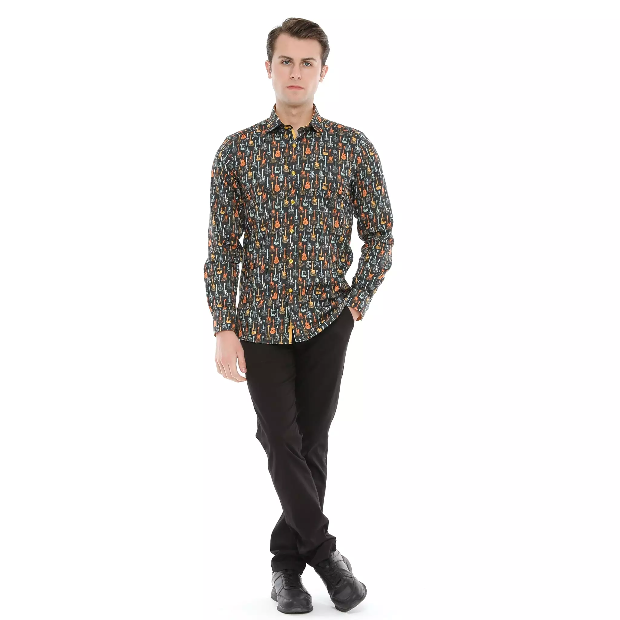 Xact Men's Retro Guitar Print Long Sleeved Shirt, Regular Fit