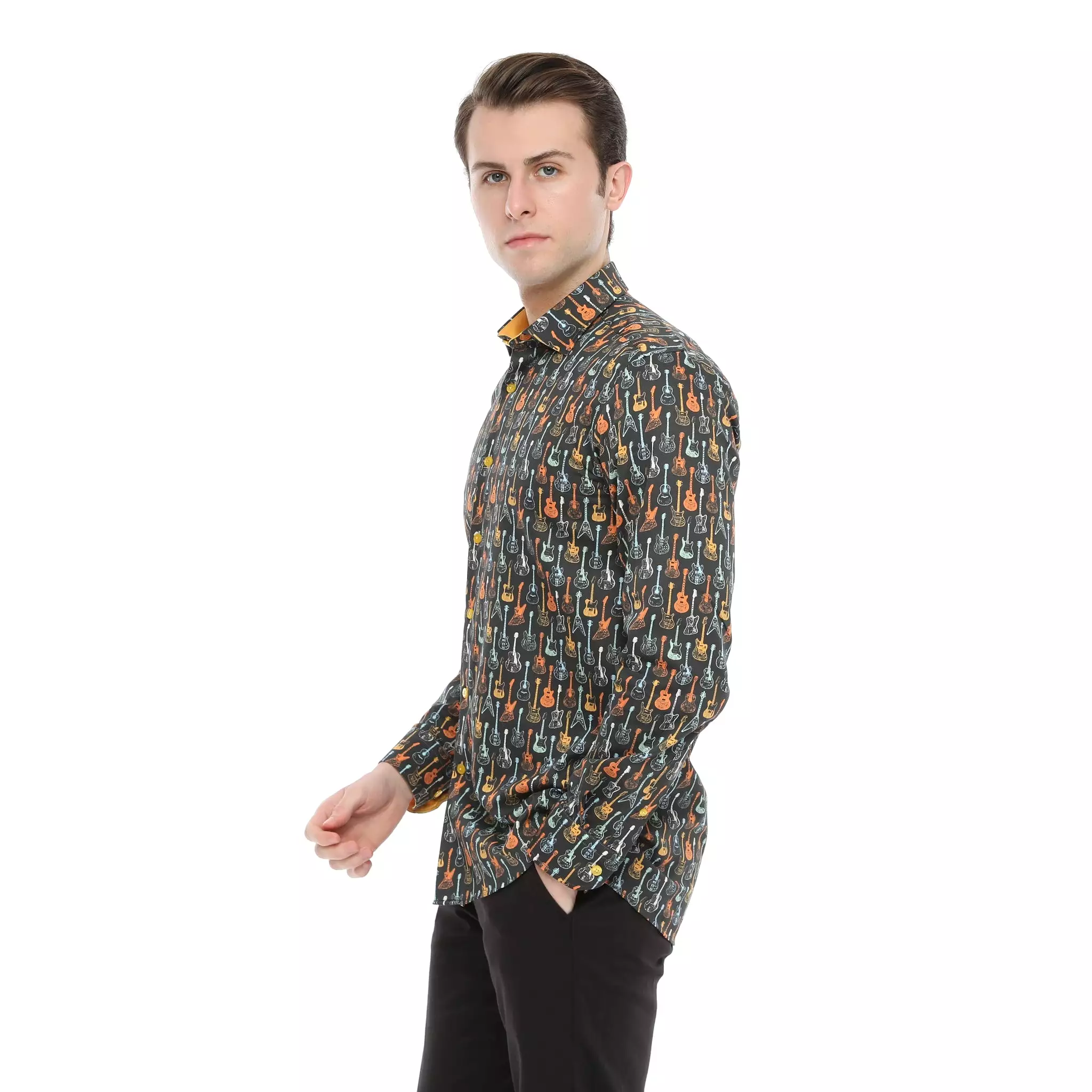 Xact Men's Retro Guitar Print Long Sleeved Shirt, Regular Fit